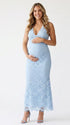 Light Blue Lace Maternity Dress with Halter Neck for Baby Shower and Maternity Photoshoot | Bumplook