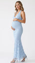 Baby Blue Halter Lace Maternity Maxi Dress with Bump-Hugging Fit | Bumplook