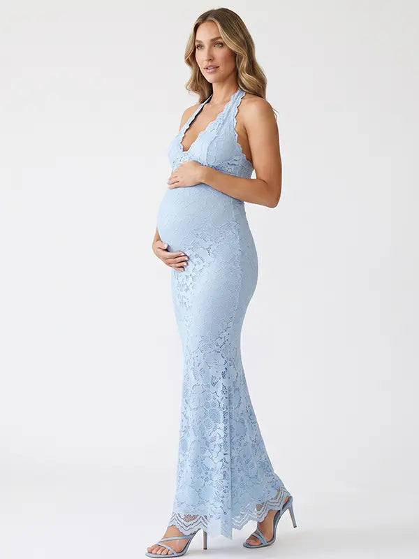 Baby Blue Halter Lace Maternity Maxi Dress with Bump-Hugging Fit | Bumplook