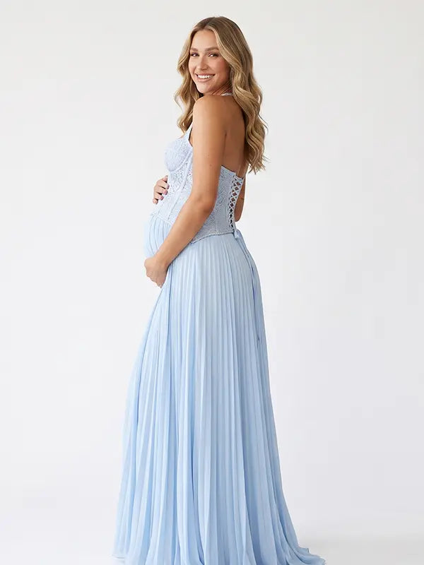 Baby Blue Maternity Dress, Halter Pleated Pregnancy Maxi Dress for Baby Shower, Maternity Photoshoot, Gender Reveal, Pregnancy Announcement, Wedding Guest, Bridal Shower, Formal Events | Bumplook