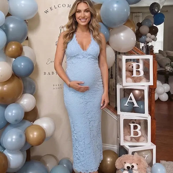 Light Blue Open Back Lace Maternity Maxi Dress | Bumplook