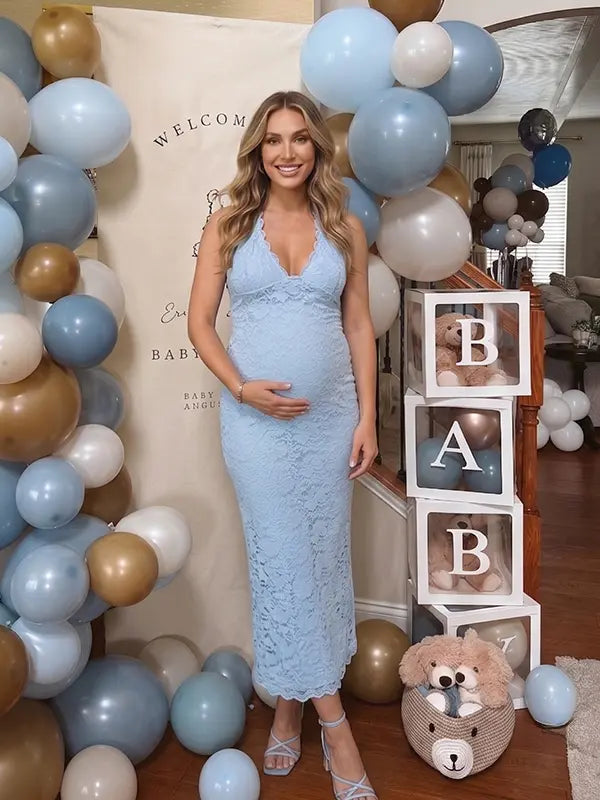 Light Blue Open Back Lace Maternity Maxi Dress | Bumplook