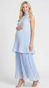 light blue pleated maternity maxi dress sleeveless high neck pregnancy gown
