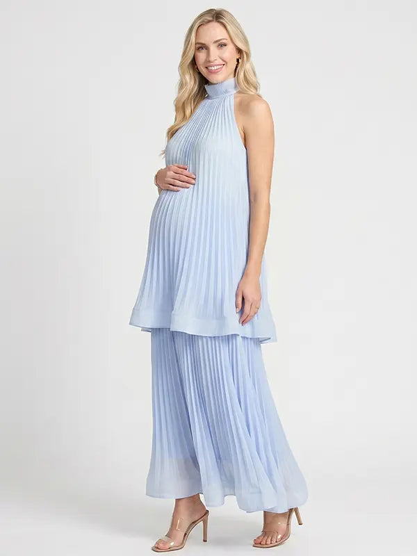 Light Blue Pleated Maternity Dress for Baby Shower & Photoshoot