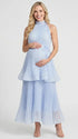 light blue pleated maternity maxi dress sleeveless high neck pregnancy gown