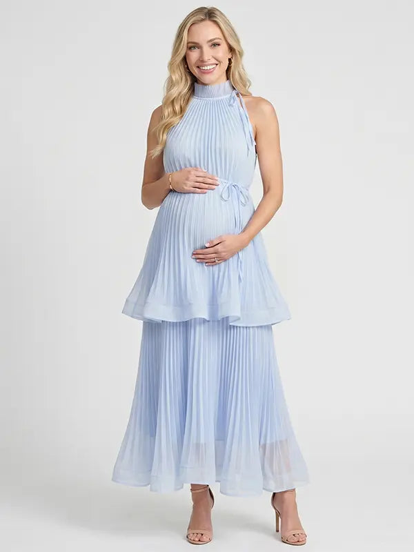 light blue pleated maternity maxi dress sleeveless high neck pregnancy gown