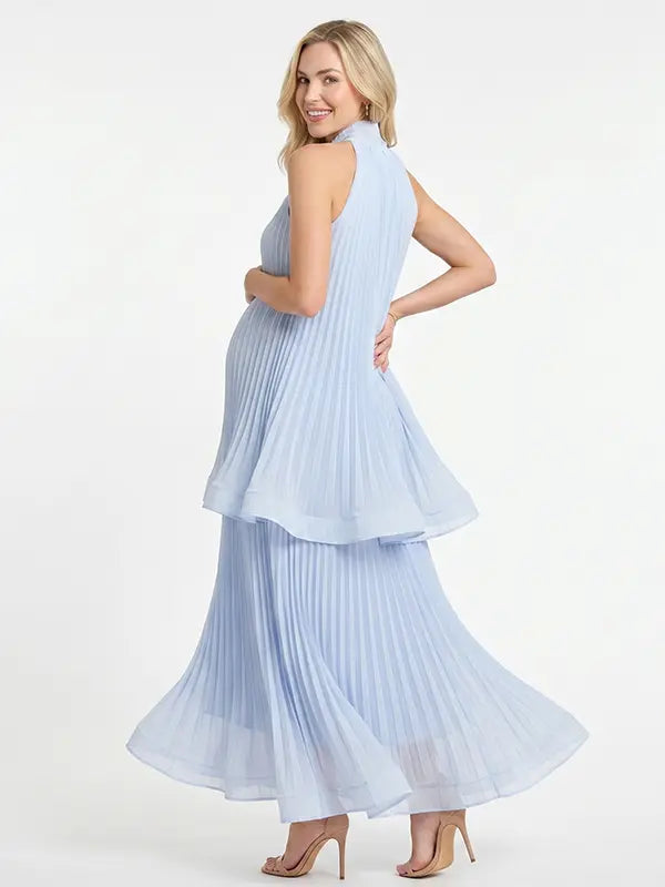 light blue pleated maternity maxi dress sleeveless high neck pregnancy gown