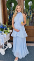 flowy light blue maternity dress with removable waist tie and layered pleated skirt