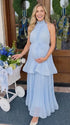 flowy light blue maternity dress with removable waist tie and layered pleated skirt