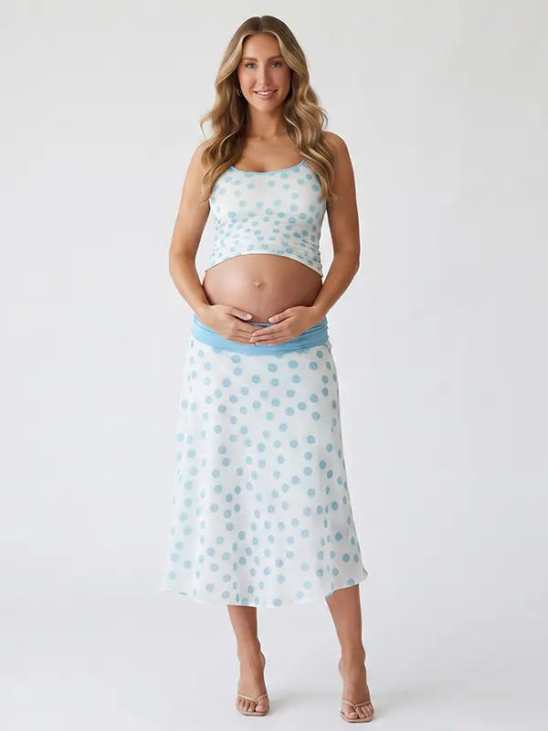 Light Blue Polka Dot Maternity Two Piece Set, Blue Maternity Outfit for Baby Shower, Maternity Photoshoot, Gender Reveal, Pregnancy Announcement | Bumplook