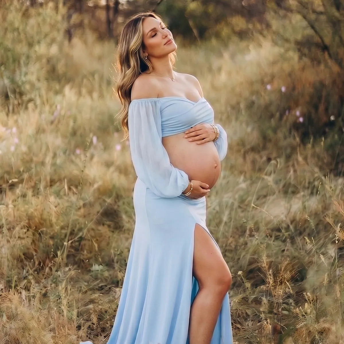 Baby Blue Maternity Photoshoot Dress, Two Piece Crop Top and Skirt Set for Baby Shower, Pregnancy Photoshoot, Gender Reveal | Bumplook