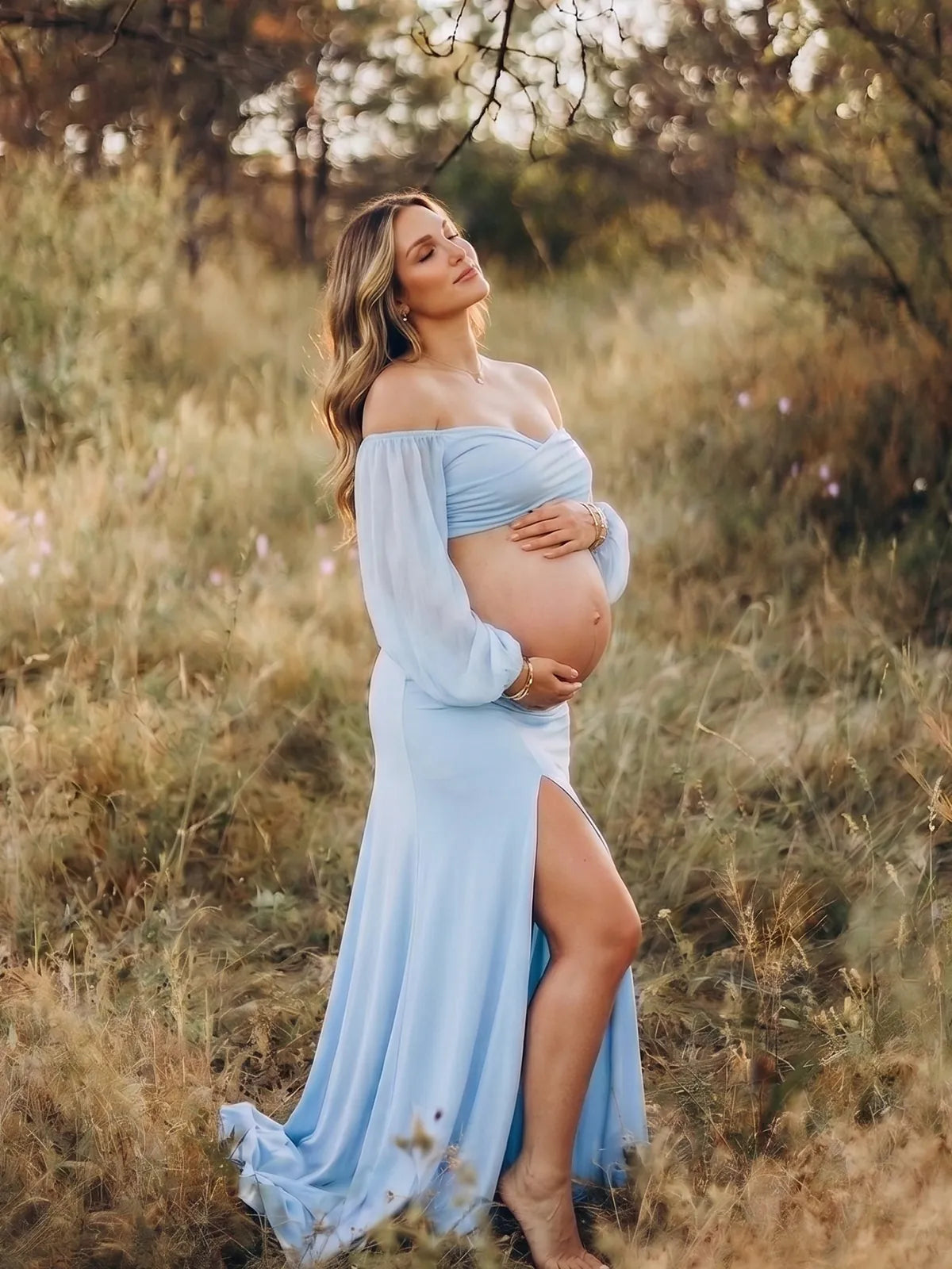 Baby Blue Maternity Photoshoot Dress, Two Piece Crop Top and Skirt Set for Baby Shower, Pregnancy Photoshoot, Gender Reveal | Bumplook