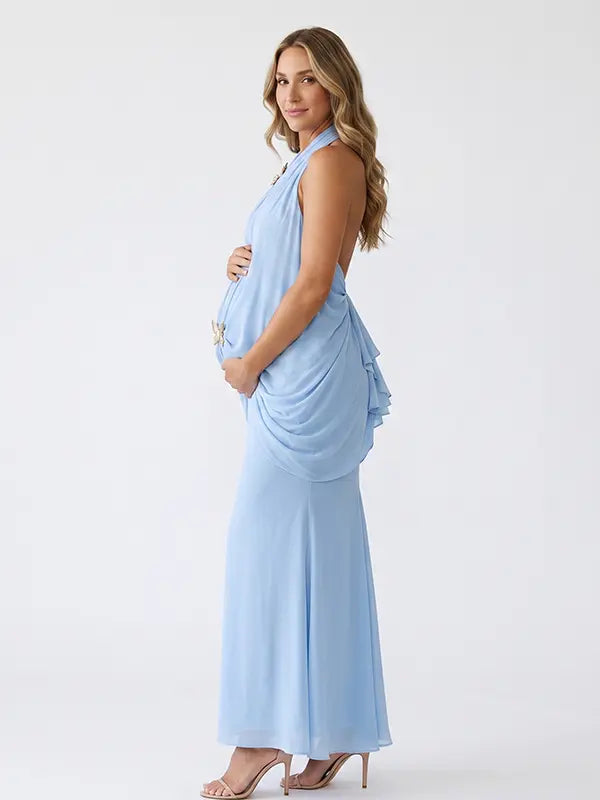Blue Baby Shower Maternity Dress with Halter Neck and Butterfly Detail | Bumplook