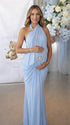Light Blue Ruched Halter Maternity Maxi Dress for Pregnancy Photoshoot | Bumplook