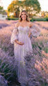 Lavender Corset Maternity Dress with Sweetheart Neckline and Sheer Floral Puff Sleeves for Romantic Pregnancy Photos | Bumplook