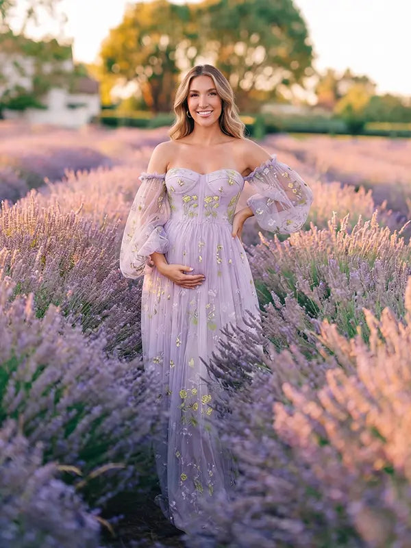 Lavender Corset Maternity Dress with Sweetheart Neckline and Sheer Floral Puff Sleeves for Romantic Pregnancy Photos | Bumplook