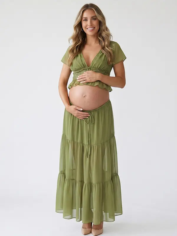 lime green chiffon two piece dress set with lace trim detailing