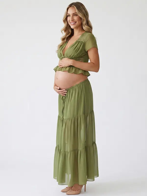lime green chiffon two piece dress set with lace trim detailing