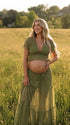 lime green chiffon two piece dress set with lace trim detailing