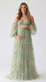 Mint Green Maternity Photoshoot Dress with Floral Embroidery, Sweetheart Corset Bodice and Sheer Puff Sleeves for Baby Shower | Bumplook