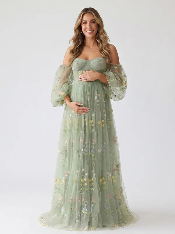Mint Green Maternity Photoshoot Dress with Floral Embroidery, Sweetheart Corset Bodice and Sheer Puff Sleeves for Baby Shower | Bumplook