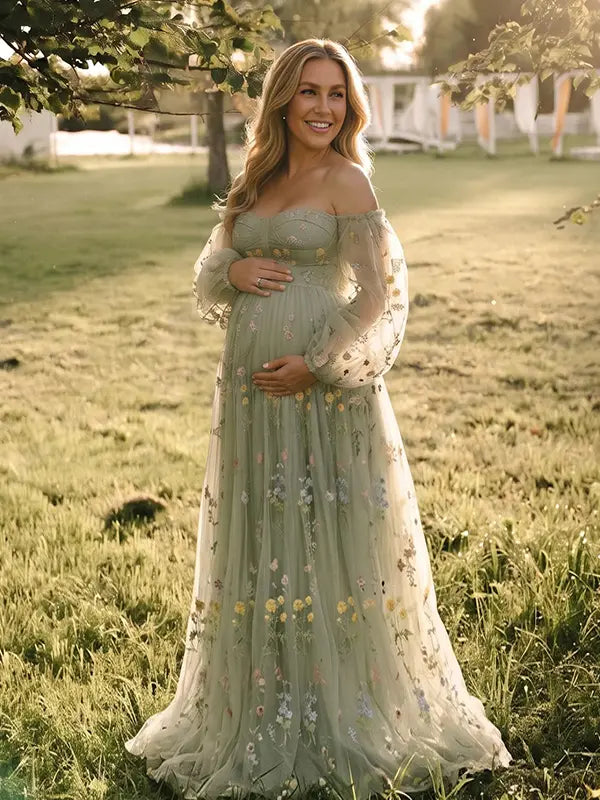 Mint Green Floral Maternity Dress, Embroidered Tulle Baby Shower Dress for Maternity Photoshoot, Pregnancy Announcement, Gender Reveal and Formal Events | Bumplook