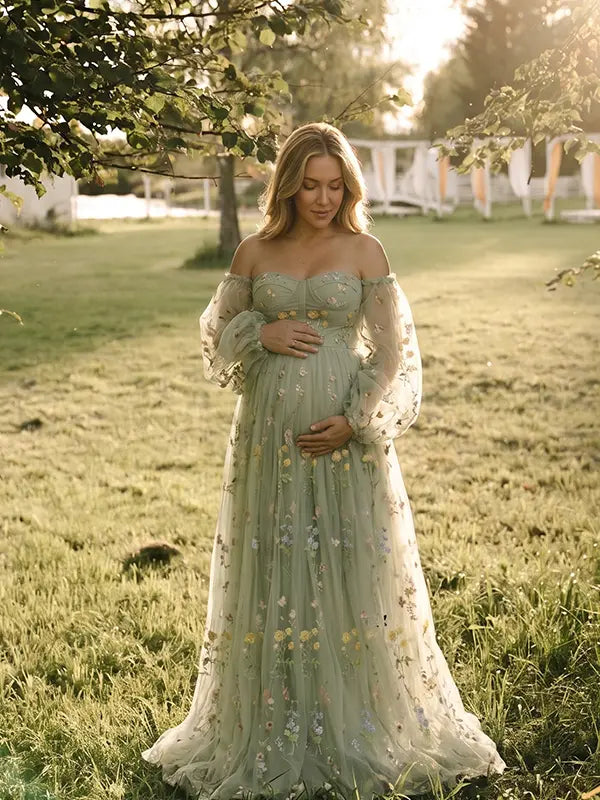 Mint Green Embroidered Tulle Maternity Dress with Flowing Floor Length Skirt for Garden Baby Shower and Maternity Photoshoot | Bumplook