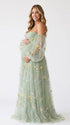 Mint Green Off Shoulder Maternity Maxi Dress with Floral Embroidery for Pregnancy Photoshoot, Baby Shower and Gender Reveal | Bumplook