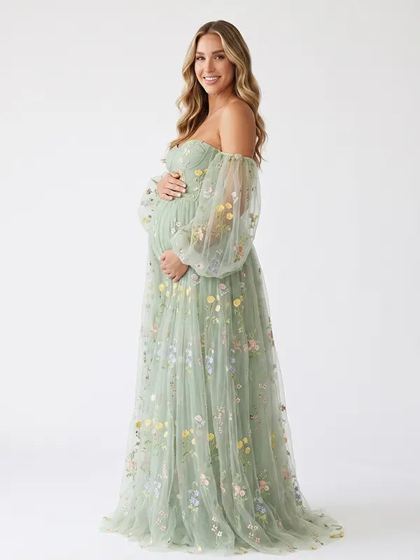 Mint Green Off Shoulder Maternity Maxi Dress with Floral Embroidery for Pregnancy Photoshoot, Baby Shower and Gender Reveal | Bumplook