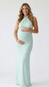 mint green halter maternity maxi dress with open back bodycon silhouette