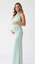 mint green halter maternity maxi dress with open back bodycon silhouette
