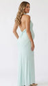 mint green halter maternity maxi dress with open back bodycon silhouette