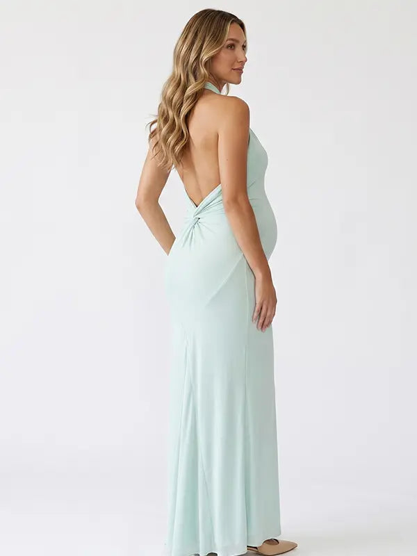 mint green halter maternity maxi dress with open back bodycon silhouette