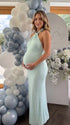 mint green halter maternity maxi dress with open back bodycon silhouette