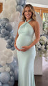 mint green halter maternity maxi dress with open back bodycon silhouette
