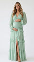 mint green lace trim maternity maxi dress with long sleeves and flowy tiered skirt