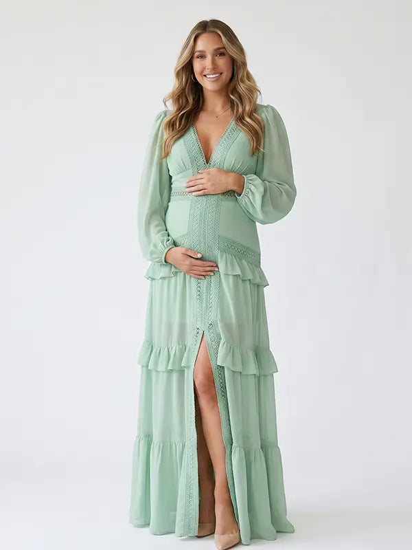 mint green lace trim maternity maxi dress with long sleeves and flowy tiered skirt