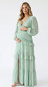 mint green lace trim maternity maxi dress with long sleeves and flowy tiered skirt
