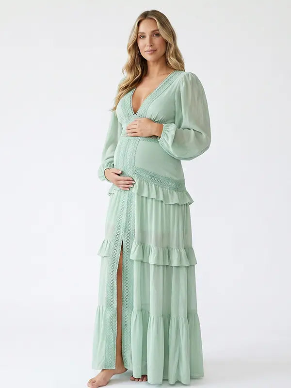 mint green lace trim maternity maxi dress with long sleeves and flowy tiered skirt