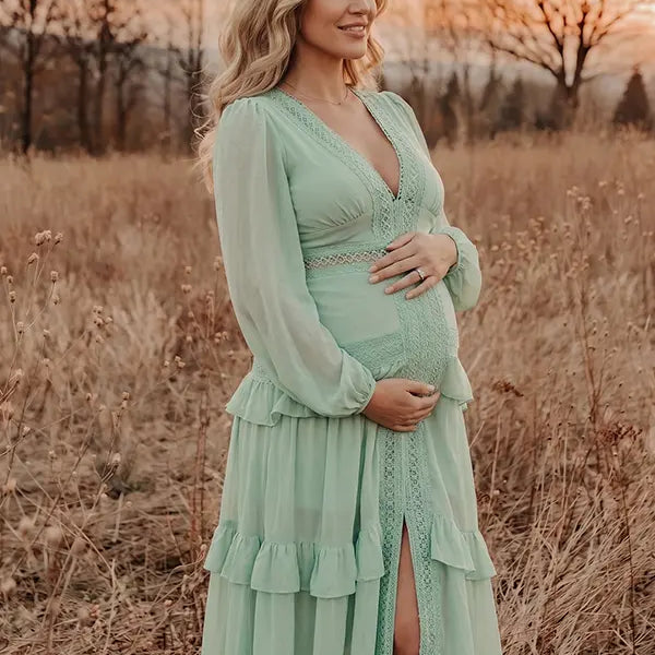 mint green lace trim maternity maxi dress with long sleeves and flowy tiered skirt