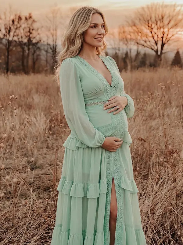 mint green lace trim maternity maxi dress with long sleeves and flowy tiered skirt