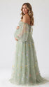 Mint Green Corset Maternity Dress with Sweetheart Neckline and Sheer Floral Puff Sleeves for Baby Shower and Maternity Photos | Bumplook