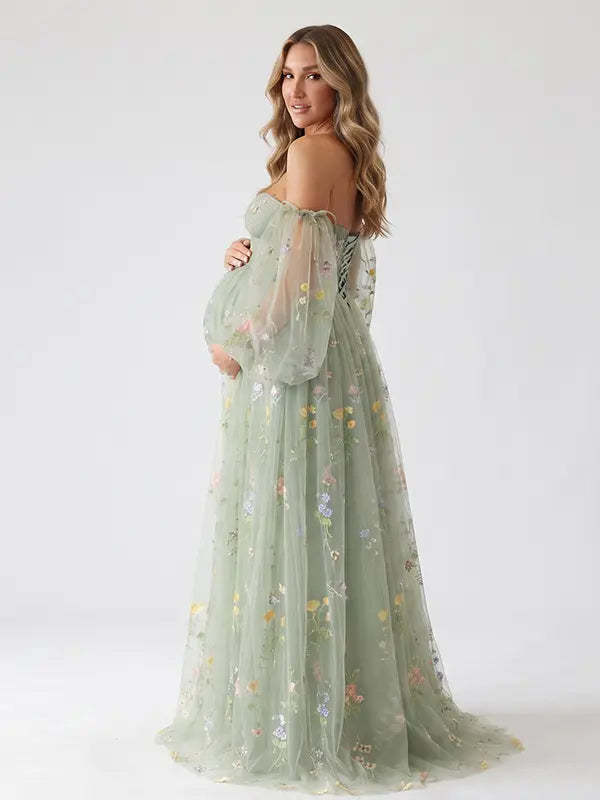 Mint Green Corset Maternity Dress with Sweetheart Neckline and Sheer Floral Puff Sleeves for Baby Shower and Maternity Photos | Bumplook