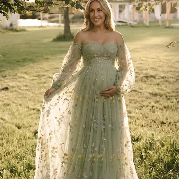 Mint Green Floral Maternity Dress, Embroidered Tulle Baby Shower Dress for Maternity Photoshoot, Pregnancy Announcement, Gender Reveal and Formal Events | Bumplook