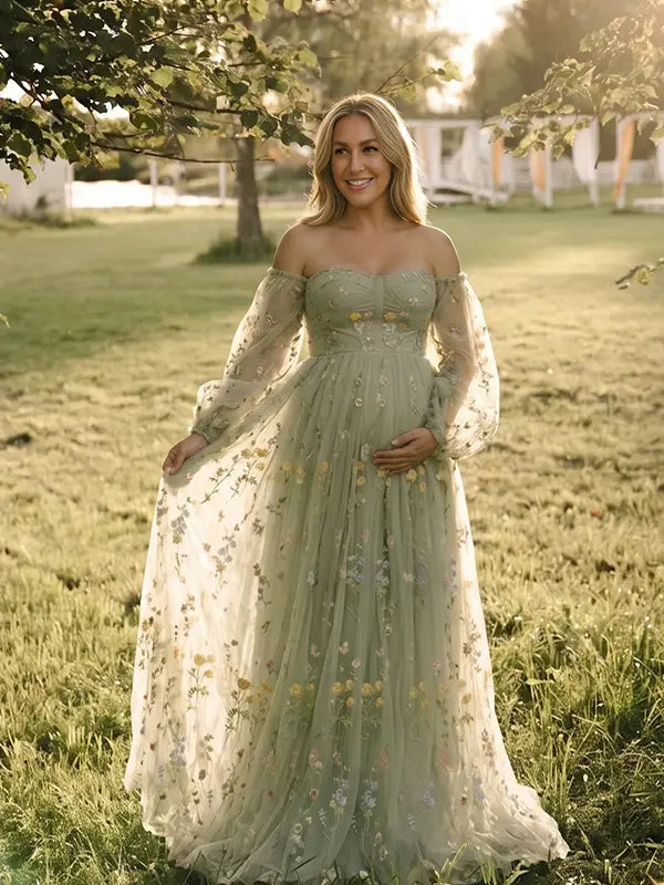 Mint Green Floral Maternity Dress, Embroidered Tulle Baby Shower Dress for Maternity Photoshoot, Pregnancy Announcement, Gender Reveal and Formal Events | Bumplook