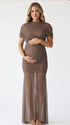 mocha mesh maternity photoshoot dress with ruched bodycon silhouette and sheer maxi skirt