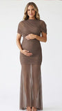 mocha mesh maternity photoshoot dress with ruched bodycon silhouette and sheer maxi skirt