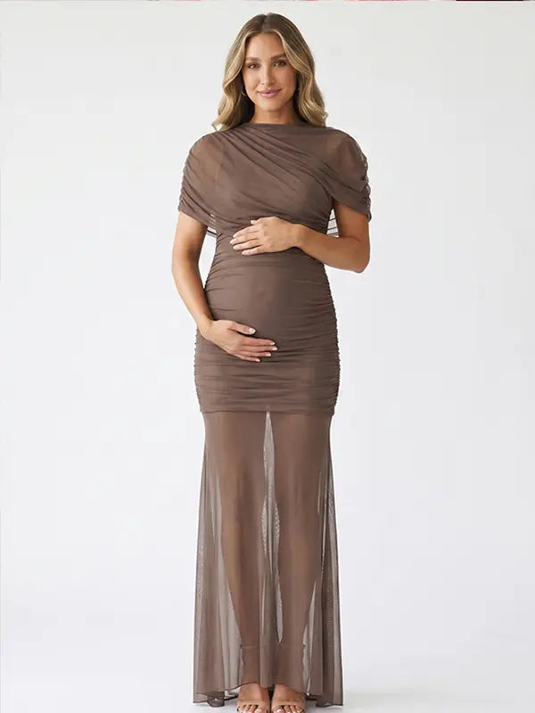 mocha mesh maternity photoshoot dress with ruched bodycon silhouette and sheer maxi skirt