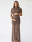 Mocha Mesh Maternity Gown – Ruched Pregnancy Photoshoot Dress with Sheer Maxi Skirt