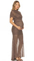mocha mesh maternity photoshoot dress with ruched bodycon silhouette and sheer maxi skirt